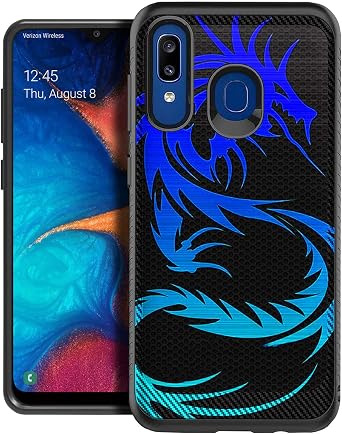 CasesOnDeck Grip Case Compatible with [Samsung Galaxy A20 / Samsung A30] [Embossed Duo] Slim Heavy Duty Case Black Matte Blue Dragon