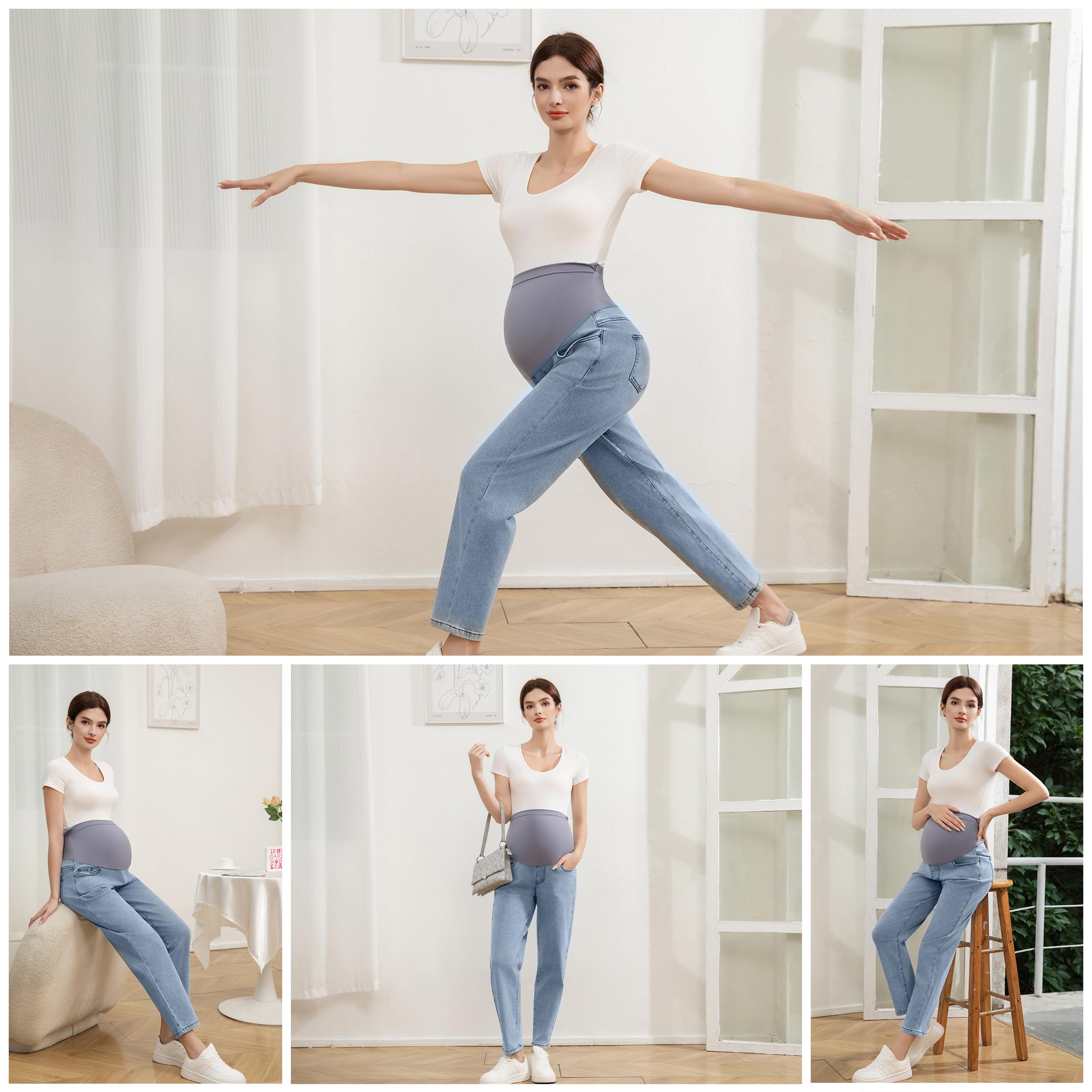 Damen Umstandsjeans über Bauch Bequeme Stretch Boyfriend Jeans Loose Schwangerschaftshose mit Taschen