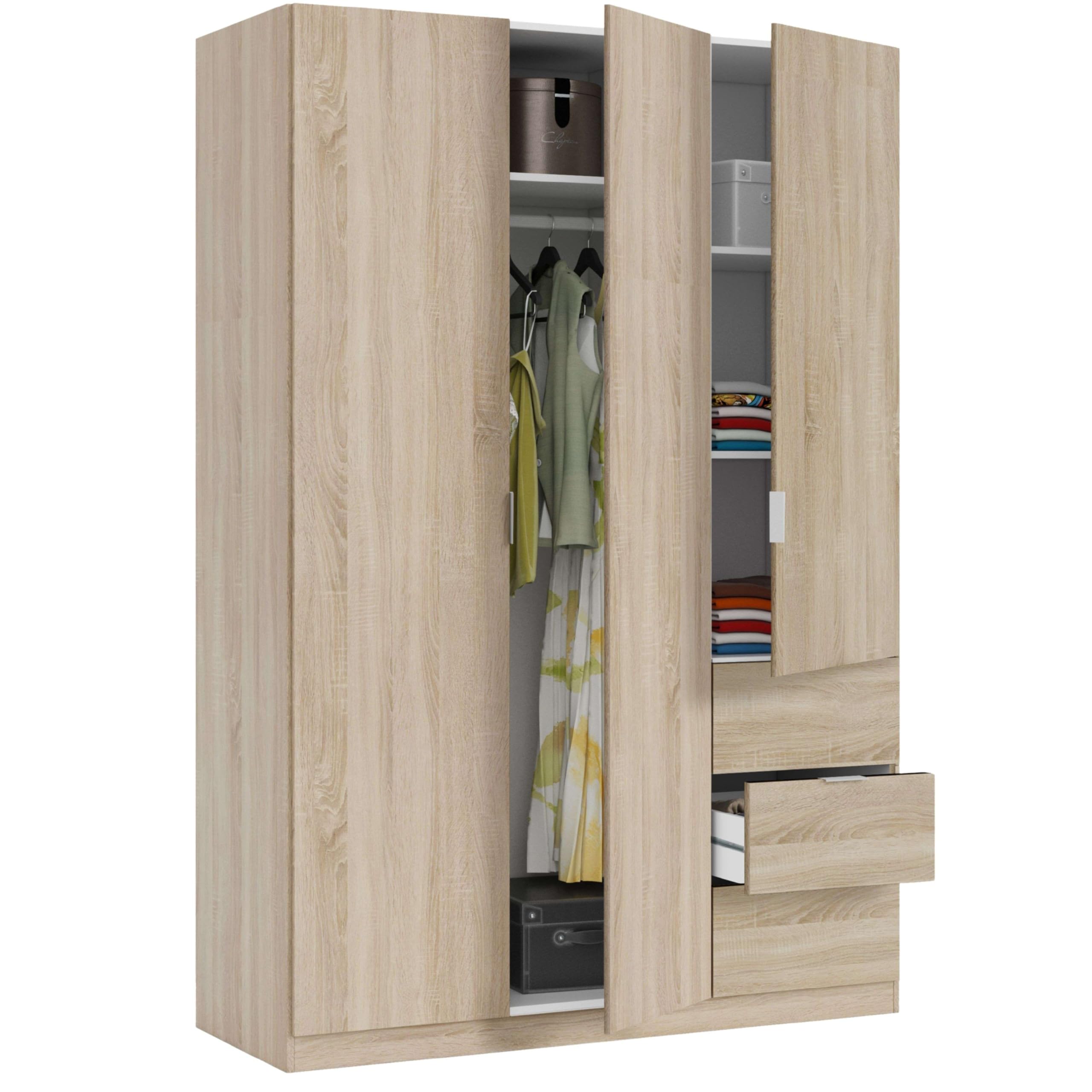 Habitdesign Armario Ropero 3 Puertas 3 Cajones, Armario Alto Dormitorio, 200x135x52 (AltoxAnchoxFondo - en cm), Color Roble Canadian