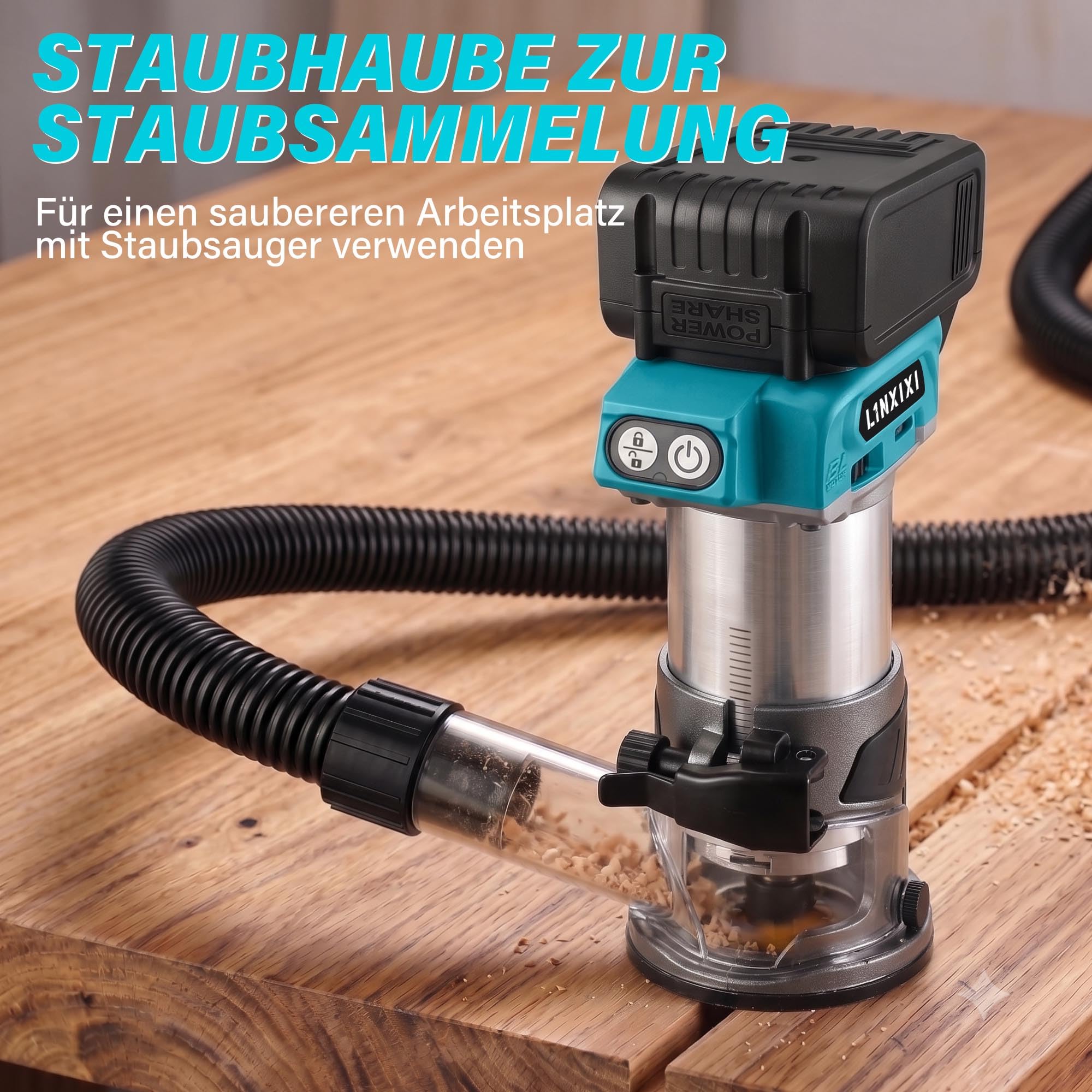 Akku Oberfräse für Makita 18V LXT Akku, 800W Bürstenloser Oberfräse mit 5 Geschwindigkeiten, MAX.30000 U/min, Akku Kantenfräse Einhandfräse mit 1/4" Fräser (ohne Akku)