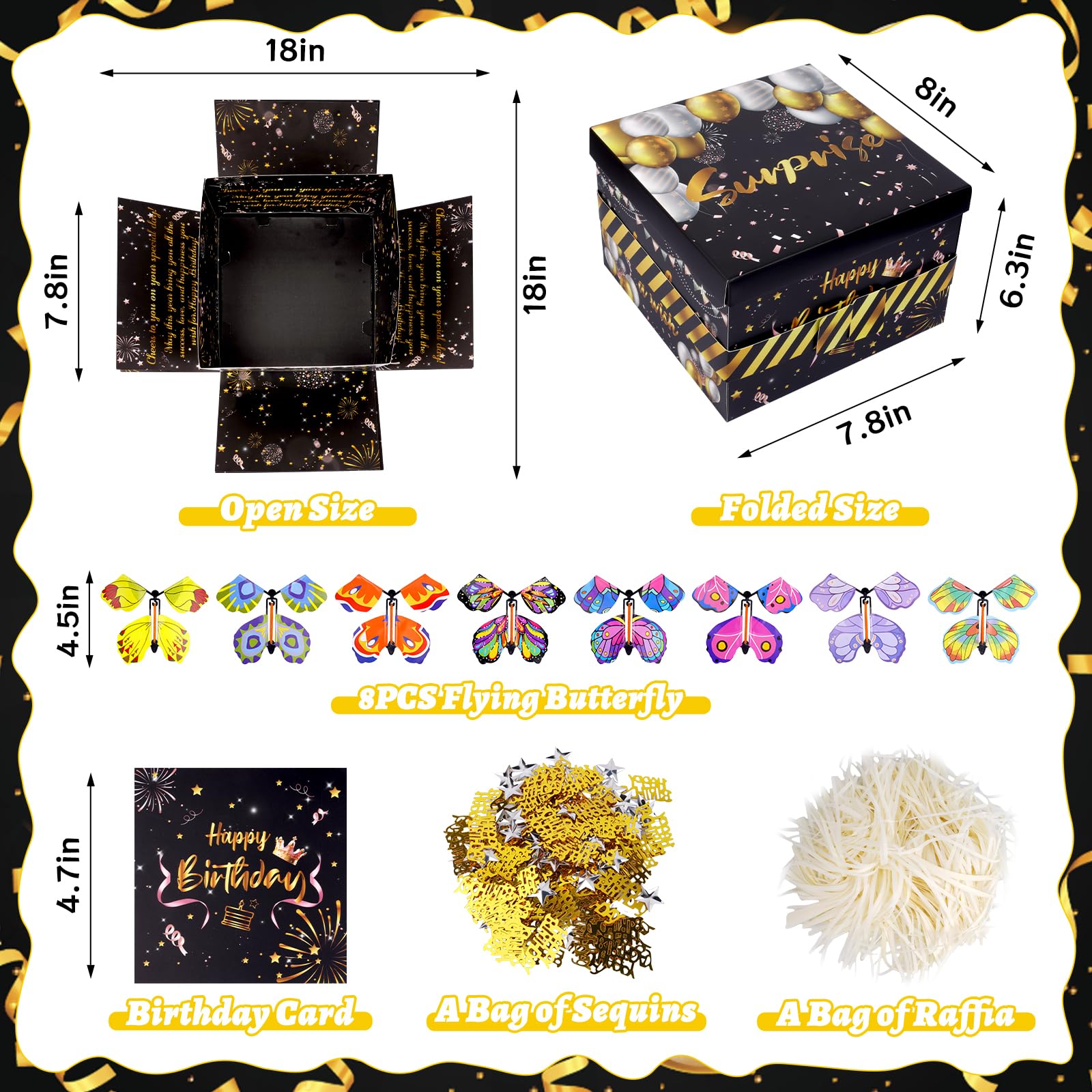 Surprise Gift Box Explosion, Birthday Flying Butterfly Explosion Gift Box with 8 Colorful Butterfly Sequins Raffia, Exploding Gifts Boxs for Birthday Gifts Wrapping