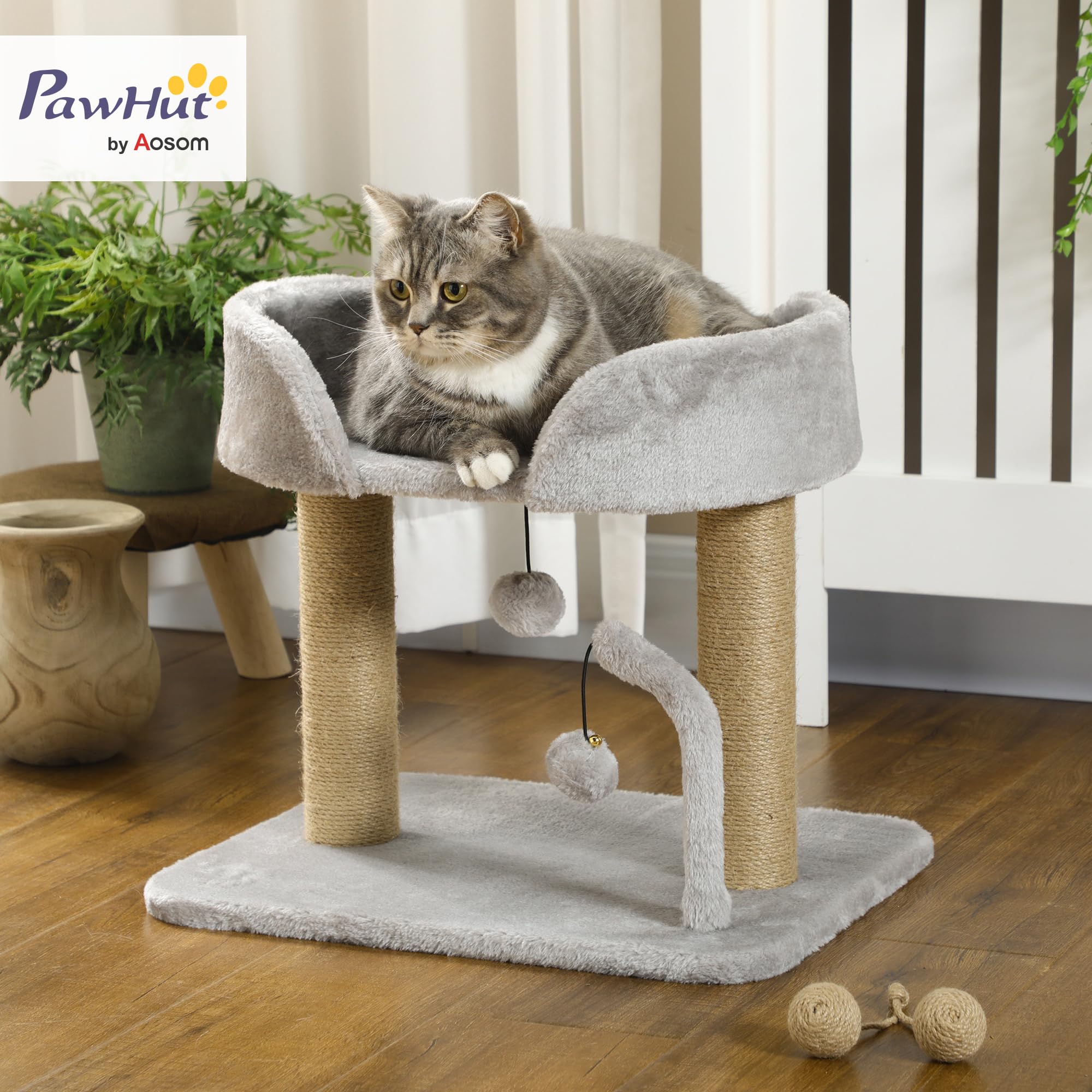PawHut Árbol Rascador para Gatos Pequeños Altura 42 cm Árbol para Gatos con Nido Bolas Colgantes y Postes de Sisal 48x38x42 cm Gris Claro