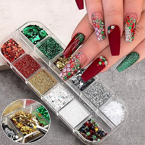 12 Grid/Boxes Christmas Nail Art Glitter Sequins Snowflake Nail Art