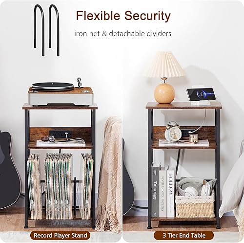 Miniatura 5 de AMHANCIBLE HETCD01BR-1 - Soporte para tocadiscos con estación de carga, soporte para tocadiscos con armario de almacenamiento, mesa auxiliar de 3