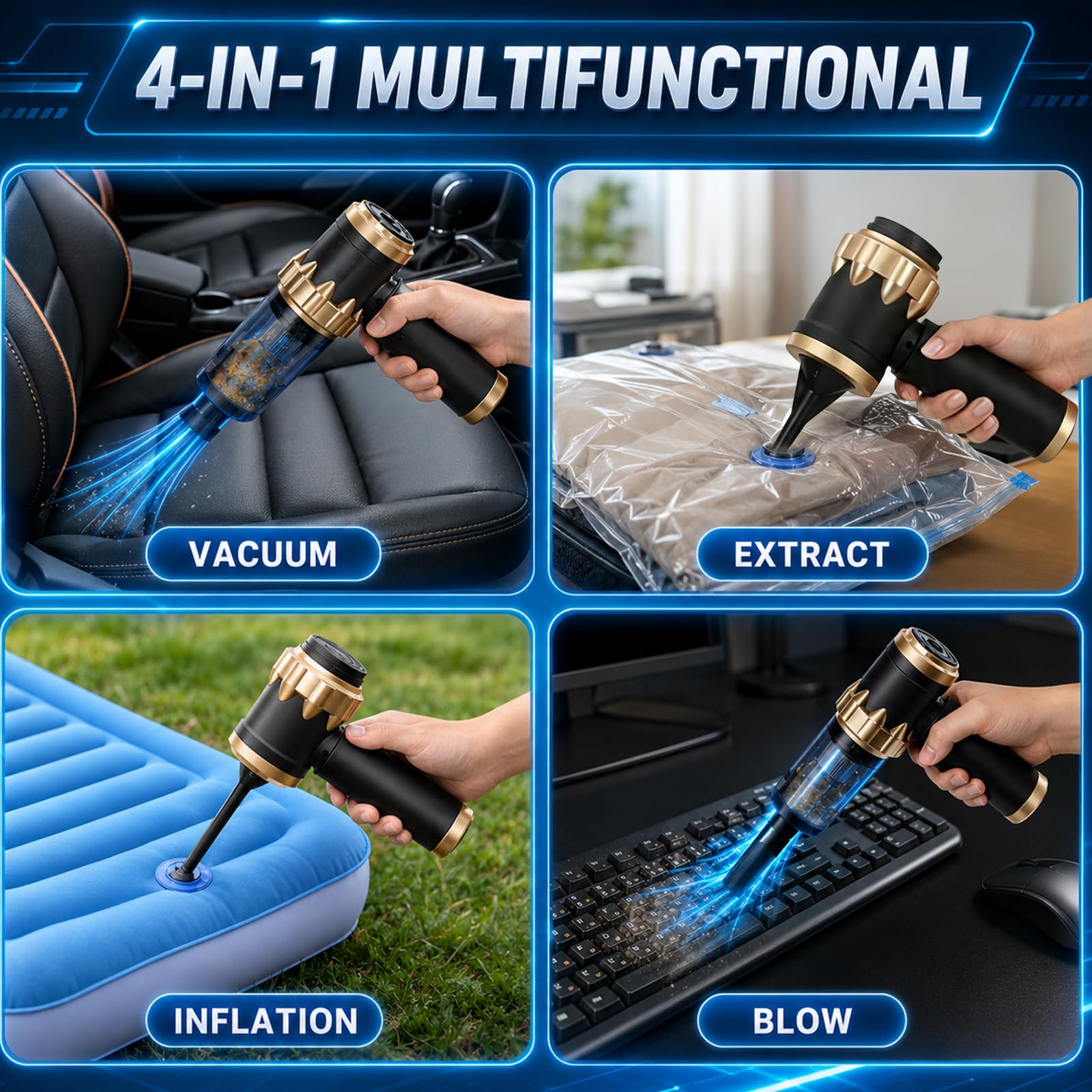 Handstaubsauger Akku Autostaubsauger Auto Stark, Mini Staubsauger Kabellos 26000Pa 4-in-1, Car Vacuum Cleaner Air Duster, Tragbar, Leicht und Wiederaufladbar für Auto, Zuhause und Haustiere