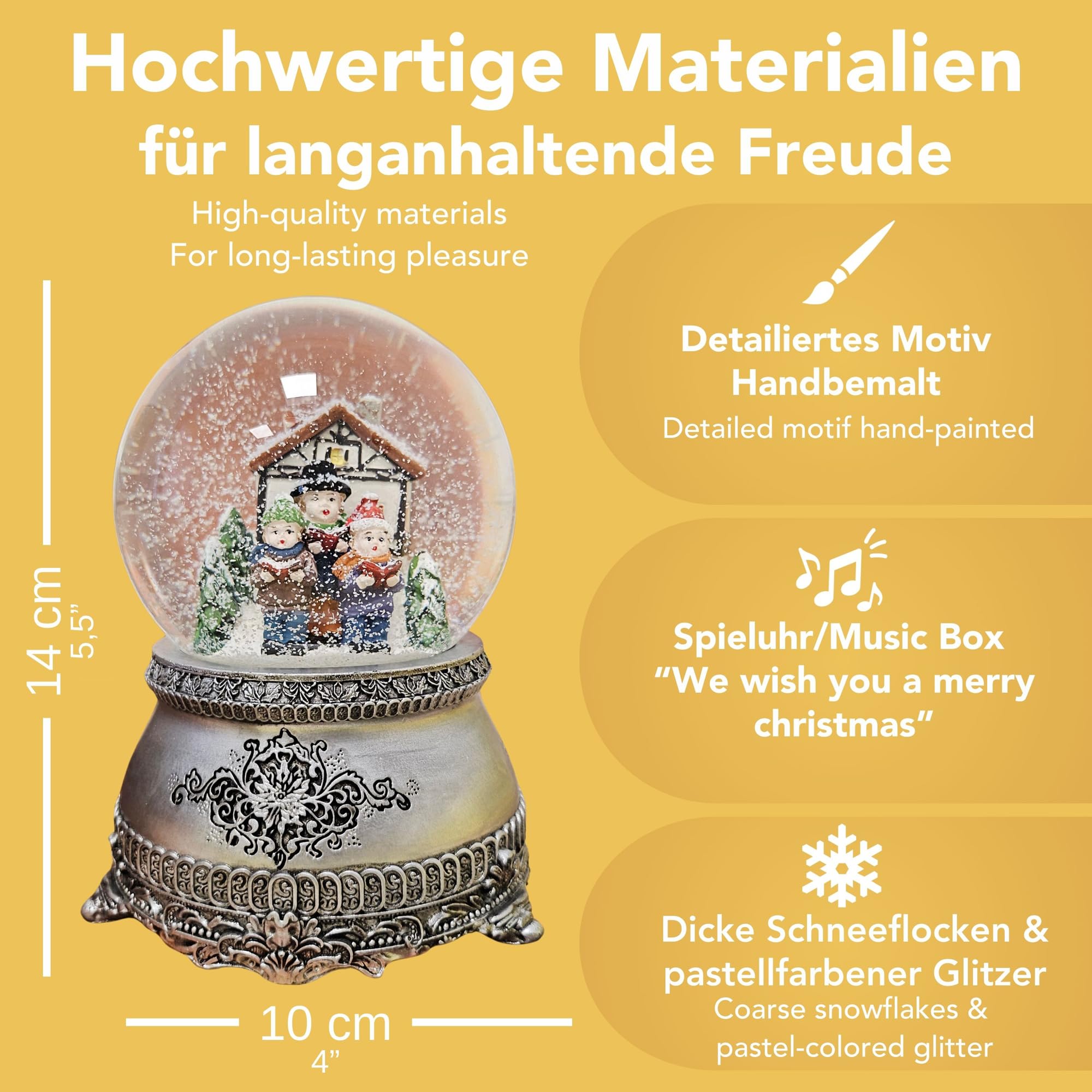 Schneekugel Weihnachten Spieluhr | Weihnachtssinger Fachwerkhaus | Sockel Zinn Ornamente | Höhe: 140mm, Breite 100mm | mit Musik | Schüttelkugel mit Weihnachtsmelodie | 20315