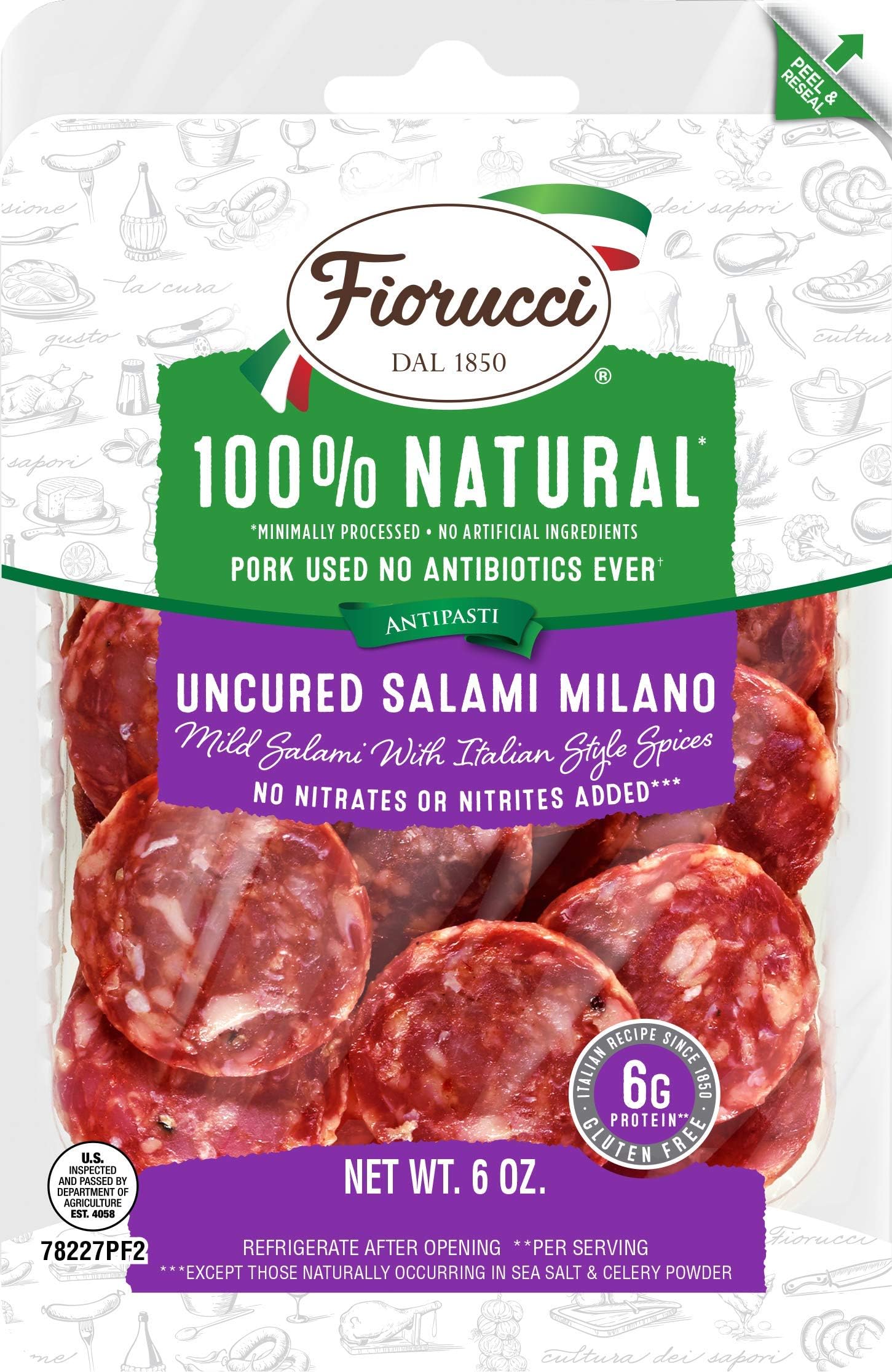 Fiorucci All Natural Uncured Milano Salami Nuggets, Mild Italian Spices with No Nitrites & Antibiotic Free Pork, 6g of Protein 6 Oz (Pack of 1)
