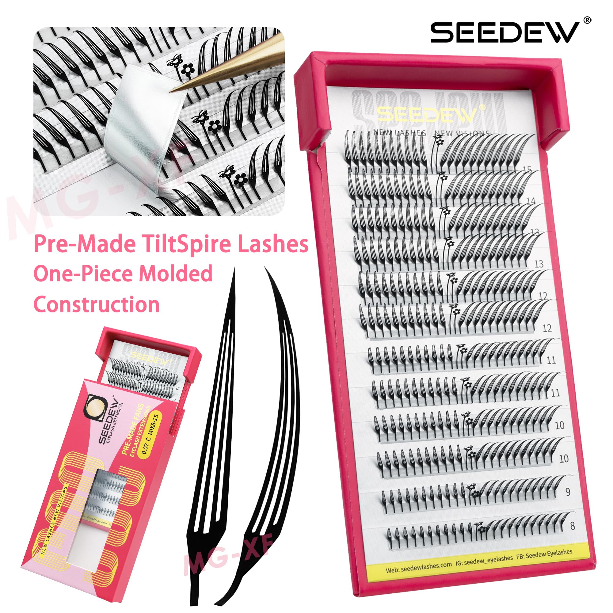 SEEDEW Pre-Made TiltSpire Lashes, MGXF-264PCS D Curl MIX8-15mm 0.07mm 12 Rows/Tray, Quickly Apply, Beginner Friendly - Image 3
