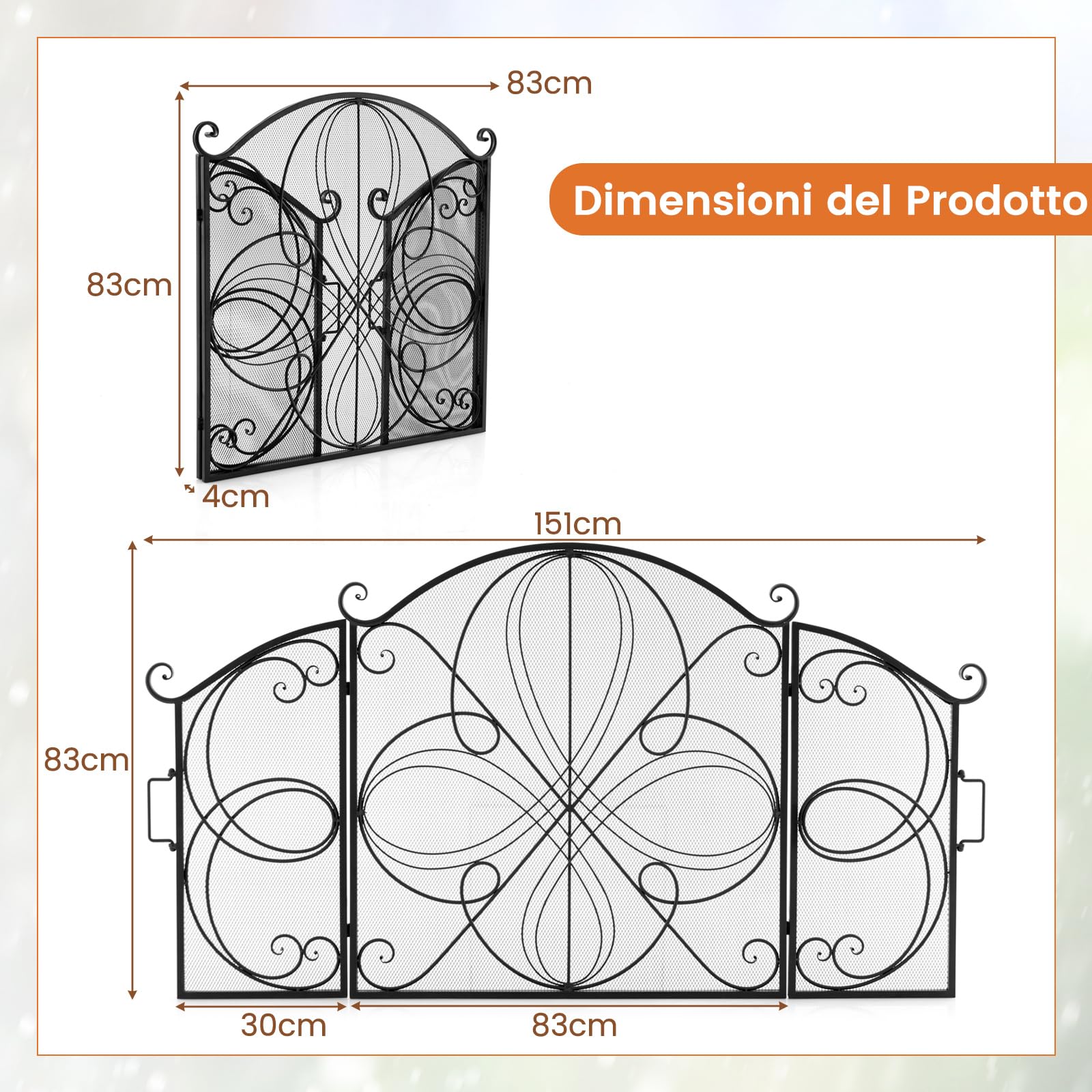 COSTWAY Parascintille per Camino 151 x 83 cm, Paraschizzi Pieghevole a 3 Ante con Motivo Floreale, Barriera Decorativa in Rete Metallica per Camino da Soggiorno