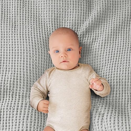 Miniatura 16 de PHF Manta de algodón prelavado con tejido de gofre tamaño throw para sofá cama, a prueba de enganches, para primavera y verano, ligera