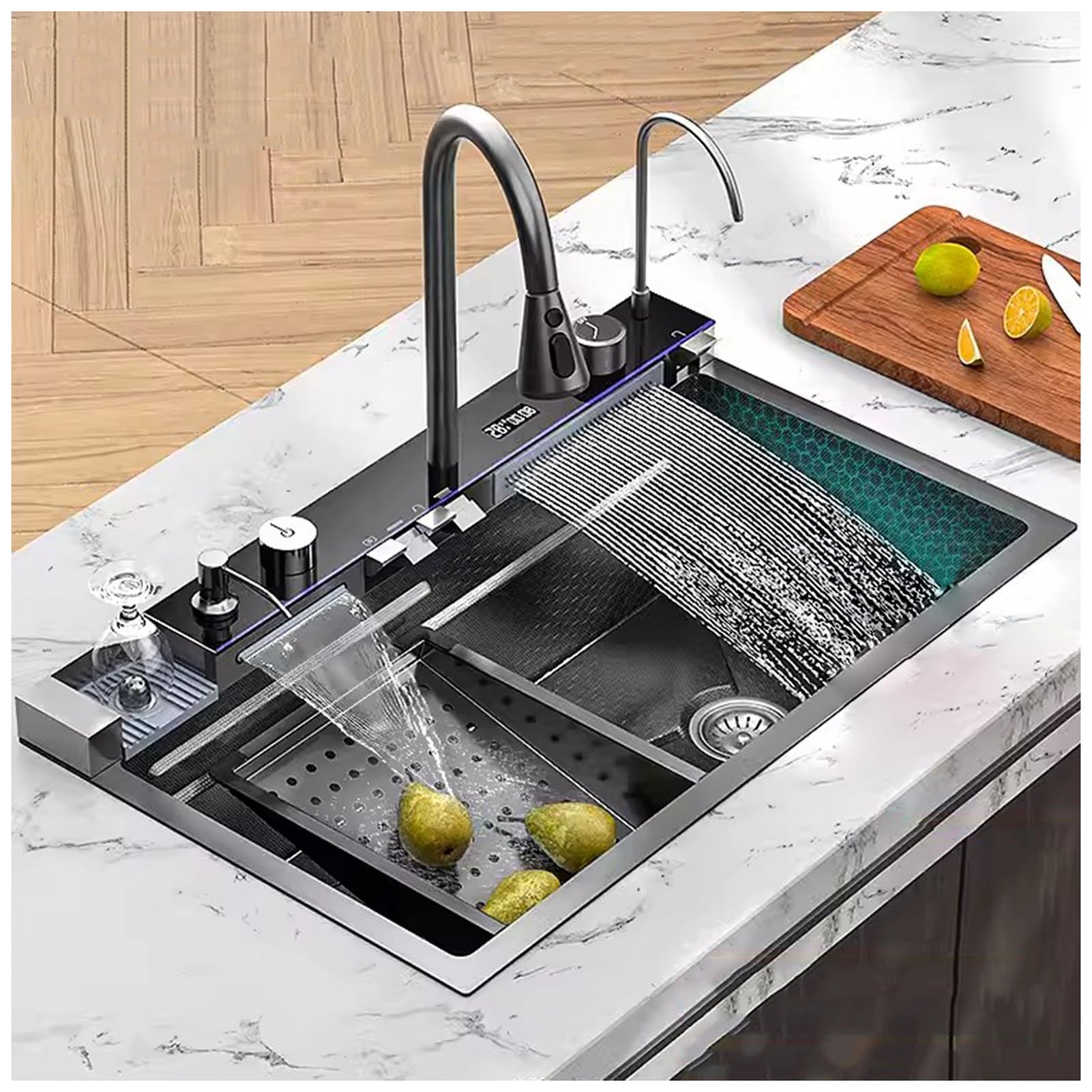 WIQUYBML Workstation Kitchen Sink,304 Stainless Steel Nano Waterfall Sink,Home Sink LED Temperature Display, with Pull-Out Faucet, Cup Washer