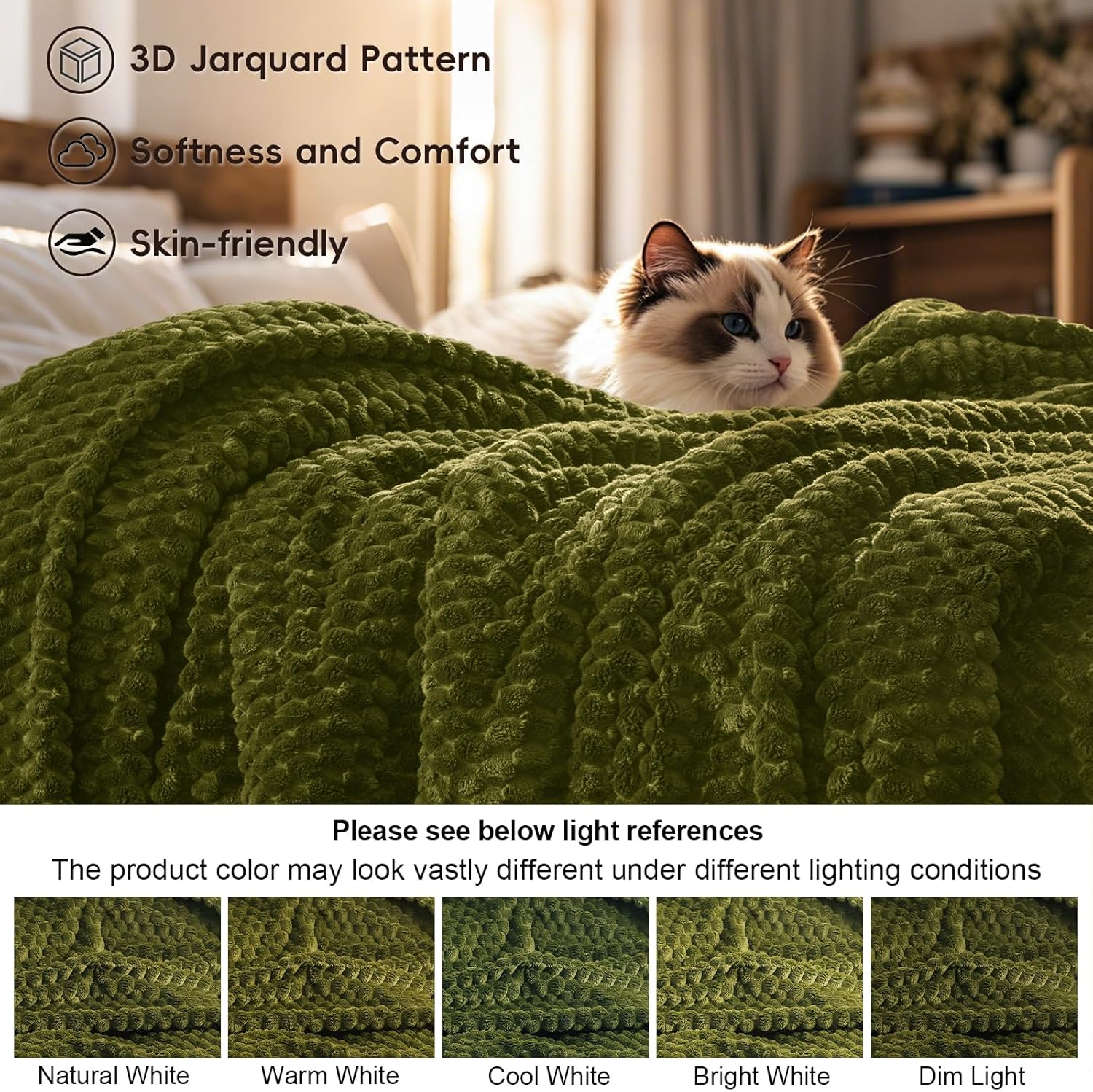 PHF Ultra Soft Flannel Fleece Blanket King Size, Lightweight 3D Jacquard Fleece Blanket, No Shedding, No Pilling, Luxury 340GSM Aesthetic Fluffy Cozy for Bed Room Decor, 108"x90", Olive Green - Image 4