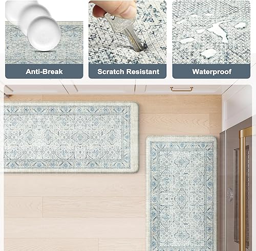 Vista 23 de KIMODE - Juego de 2 tapetes de cocina antifatiga, estilo vintage, antideslizantes, impermeables, ergonómicos, acolchados, cómodos para lavandería