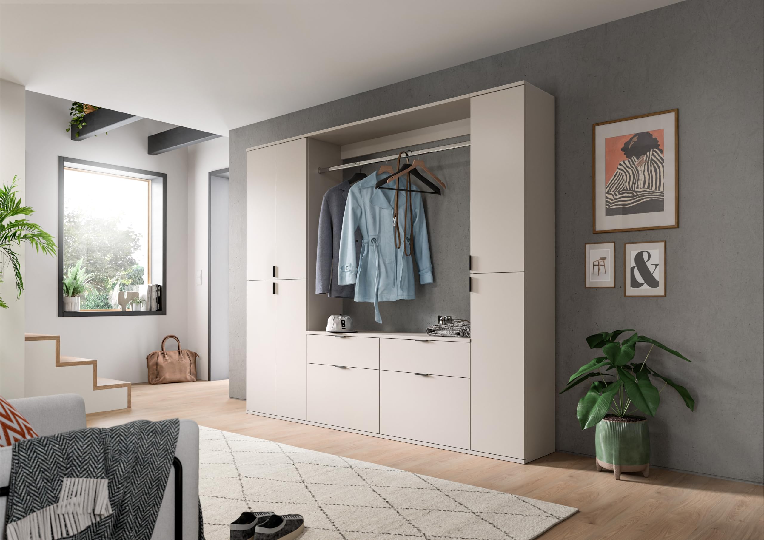xonox.home – 3 TLG. Garderobenkombination Projekt X 212x193x34 cm in Kaschmir Melamin – Set mit breitem Hochschrank, breiter Kommode & Wandboard – Großzügige Schrankkombination für die ganze Familie