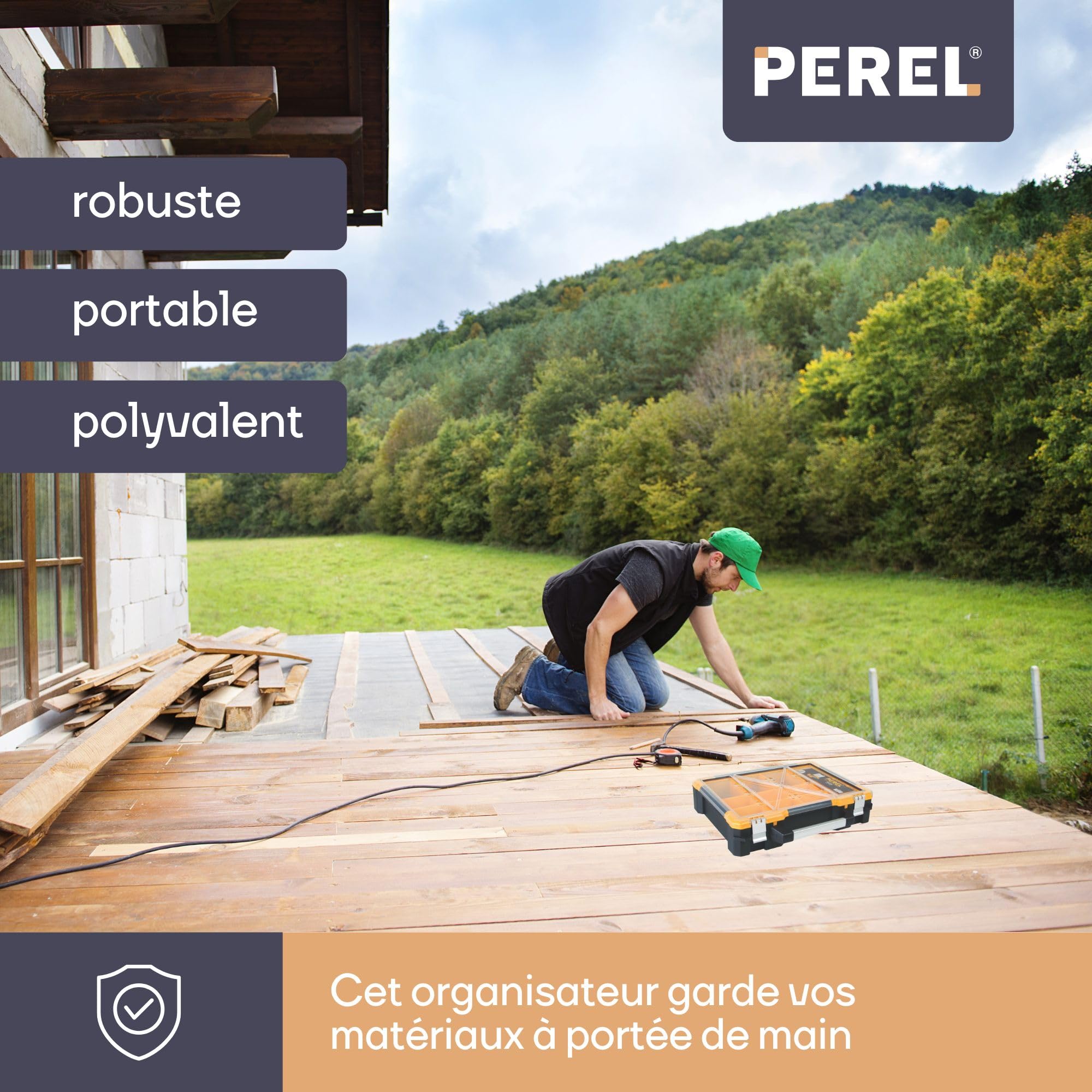 Perel Boîte d’assortiment, mallette de rangement en plastique avec 12 bacs amovibles, couvercle transparent, empilable, poignée et fermetures en aluminium, pour vis écrous clous et petites pièces