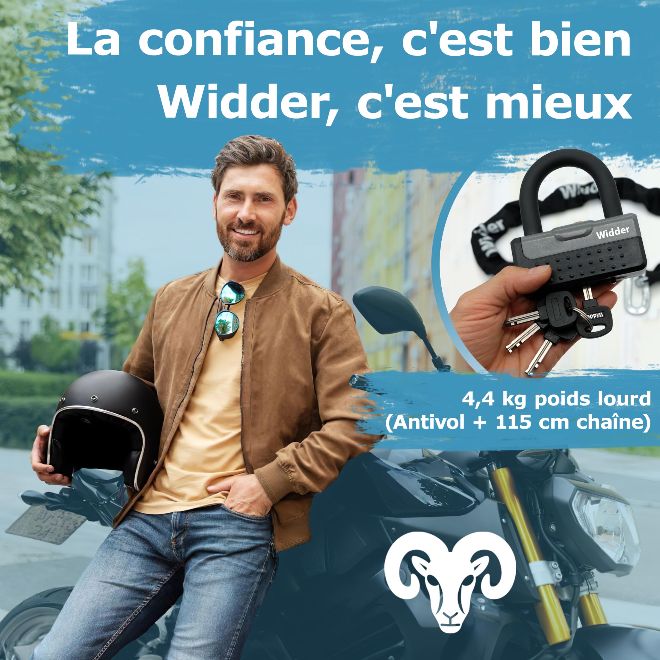 Widder Antivol à chaîne [Acier-Titane Niveau 15] avec 4 clés, 115cm de long