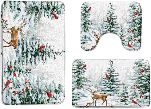 3pcs Winter Christmas Bath Mat Set,Snowy Forest Scenery Pine Trees Deer Red Bird Forest Snowflake Xmas Holiday Bathroom Rug Sets,U-Shaped Toilet Mat Toilet,XL