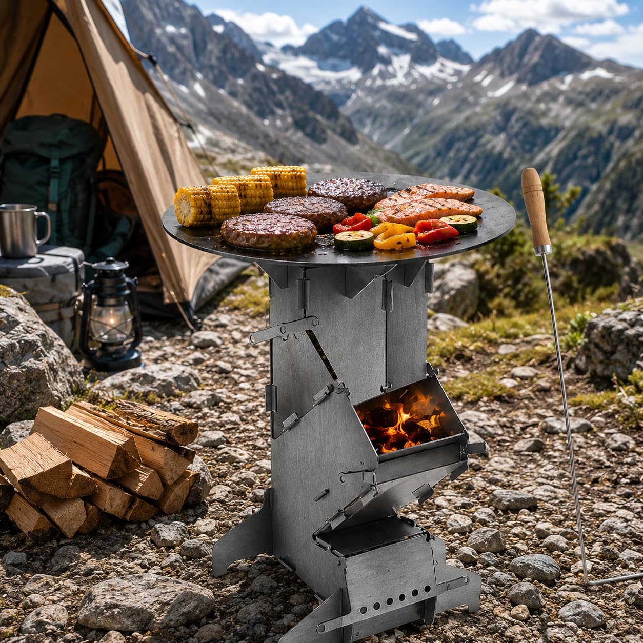 Piec rakietowy z płytą grillową i hakiem paleniskowym Rocket Stove Outdoor 2 dodatkowe nóżki, piecyk kempingowy, piec na drewno, grill kempingowy, piec rakietowy z masywnej stali o grubości 3