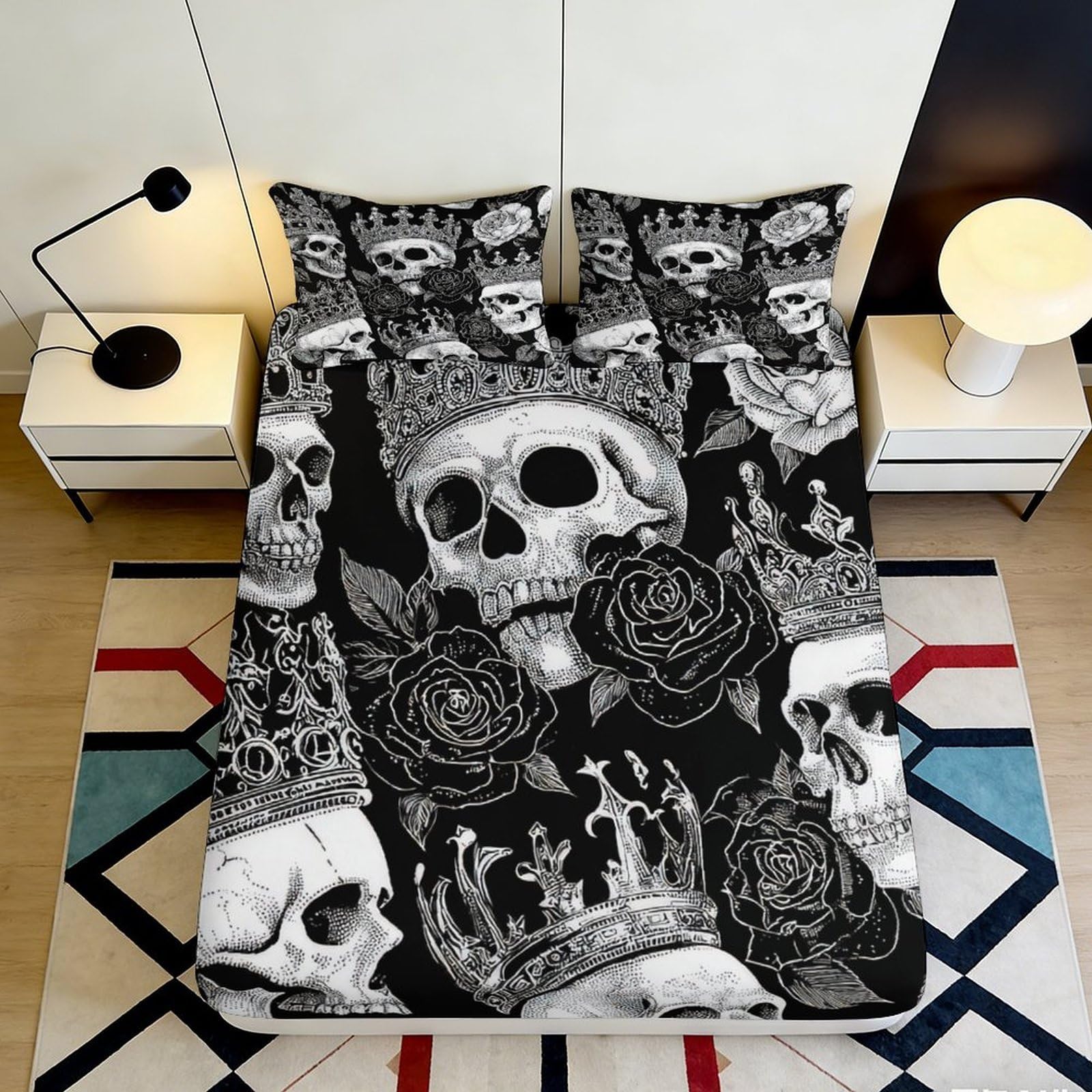 3D Printed Skull Crown Fitted Sheet Microfiber Black Gothic Rose Mattress Cover for Bedroom Dorm Mattress Protection Decor 180x200x25cm