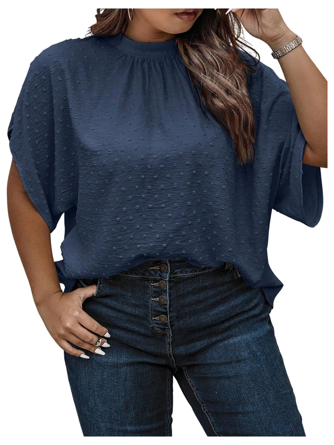 SOLY HUX Women's Plus Size Dressy Casual Shirts Swiss Dots Mock Neck Blouse Half Sleeve Tie Back Business Work Tops