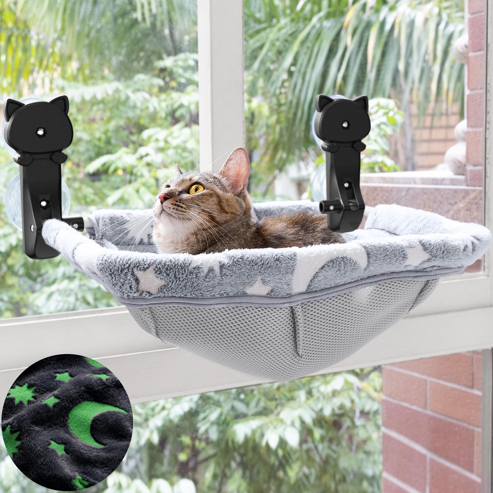 JUNSPOW Cat Window Perch Cordless, Glow in The Dark &amp; Stable Cat Beds- Breathable Window Hammock for Overlooking, Sunbathing and Climbing - Maximum Hold Up to 40lb(Grey)