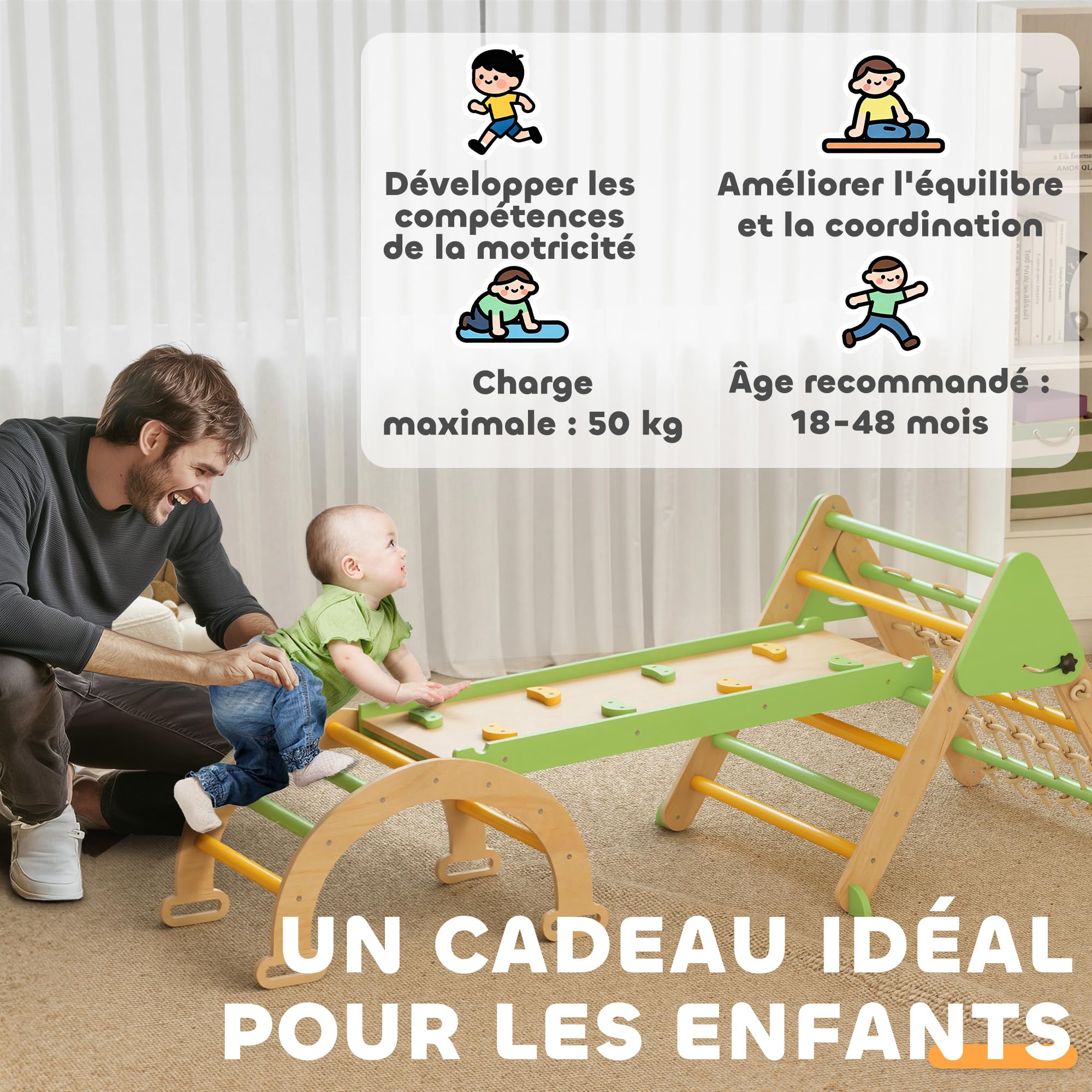 AIYAPLAY 8 en 1 Triangle d'escalade Enfants Rampe Double Face Vert | Arc d'Escalade Bois Peuplier, Toboggan & Échelle, Glisser ou Grimper, Parcours Motricité Enfant 18 à 48 Mois, Charge 50 kg