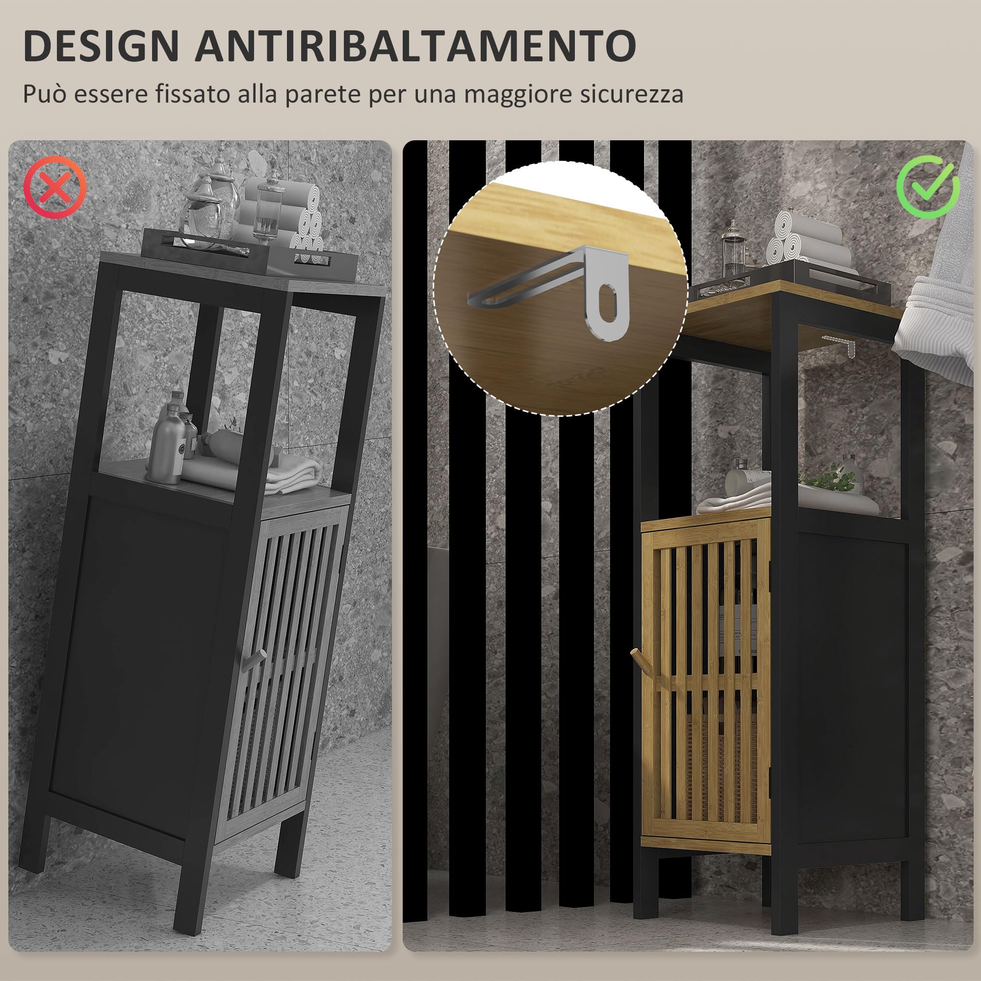 HOMCOM Mobiletto Bagno Salvaspazio con Ripiano Aperto e Armadietto con Ripiano Regolabile, Mobile da Bagno in MDF e Bambù, 32x30x90.5 cm, Nero e color Legno