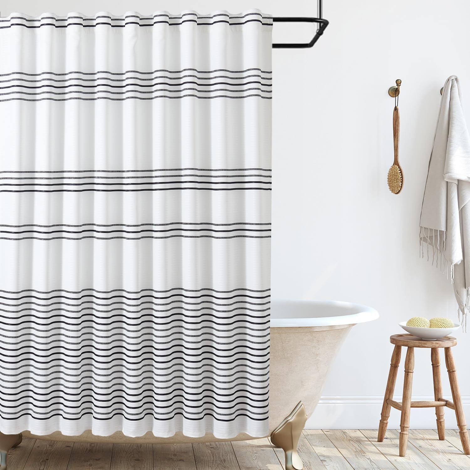 jinchan Extra Long No Hook Black and White Shower Curtain for Bathroom Back Tab Modern Striped Waterproof Fabric Door Curtains for Doorway Closet Wardrobe Room Divider 70x84 Inch