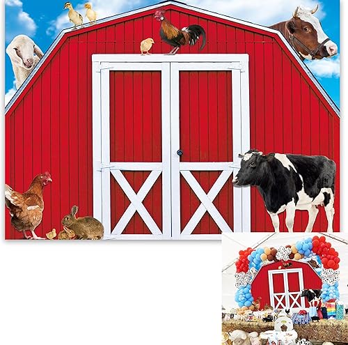Miniatura 1 de BINQOO Fondo de casa de animales de granero rojo de 7 x 5 pies, puerta de madera, cielo azul, nube, vaquero occidental, fondo de fotografía, baby