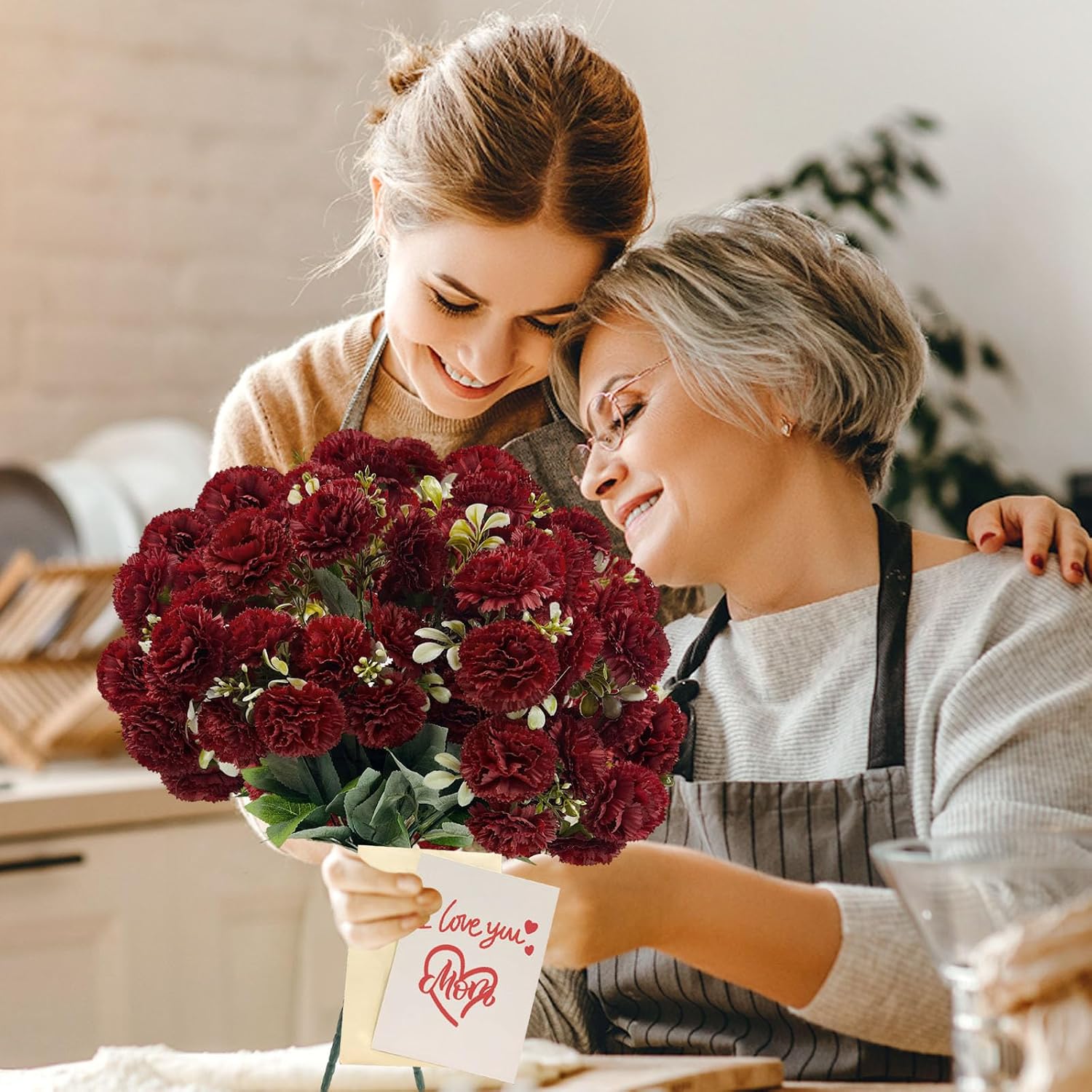 SNAIL GARDEN 72 Heads Fake Carnations, 2 Bundles Artificial Carnations Flowers, 19.6 inch/50 cm Burgundy Red Carnations Bouquet for Mother’s Day Home Wedding Party Decor