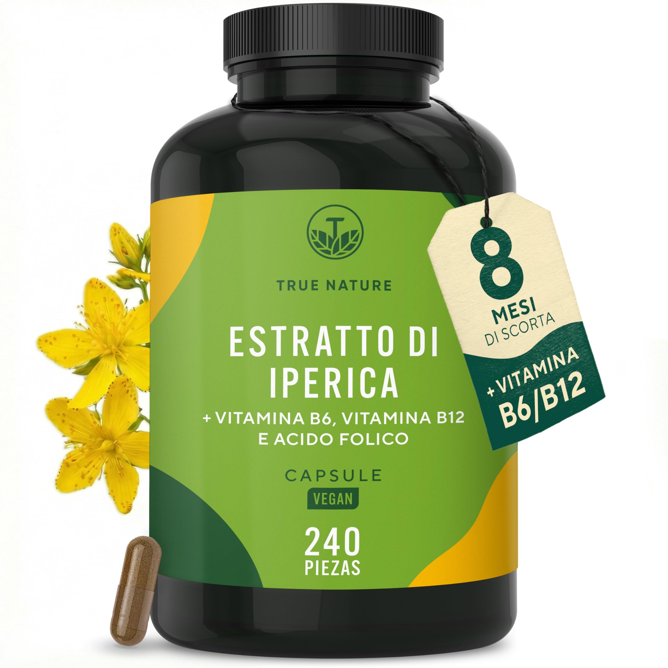 Capsule di iperico ad alto dosaggio - 240 capsule con le vitamine B6, B12 e acido folico - 5000 mg di iperico per capsula (estratto 10:1) - ipericina & iperforina - Prodotto in Germania - TRUE NATURE