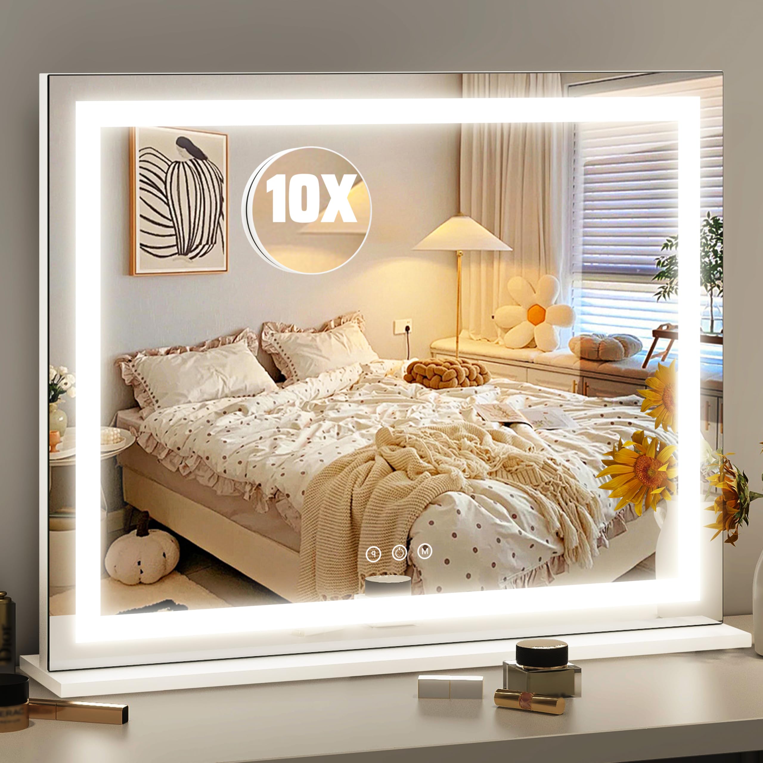 HNV 22.8"x18" Lighted Makeup Mirror with 10X Magnification, LED Vanity Mirror with 3-Color Dimmable Touch Control, Tabletop or Wall-Mounted Makeup Mirror, White