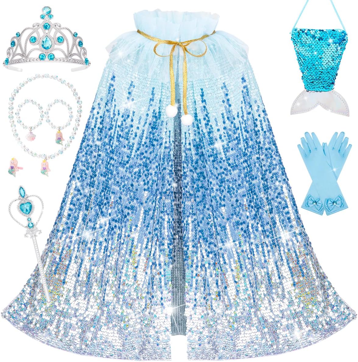 Product image of Meland Princess Dress Up for Girls 3-8, 11Pcs Mermaid Cape with Crown, Dress Up Clothes Birthday Gift Toys for Girls Toddlers