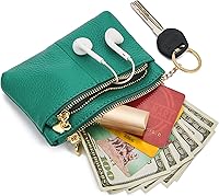 Vista 2 de Monedero de piel auténtica con cierre de cremallera y llavero, para mujer, con llavero, tarjetero con cierre