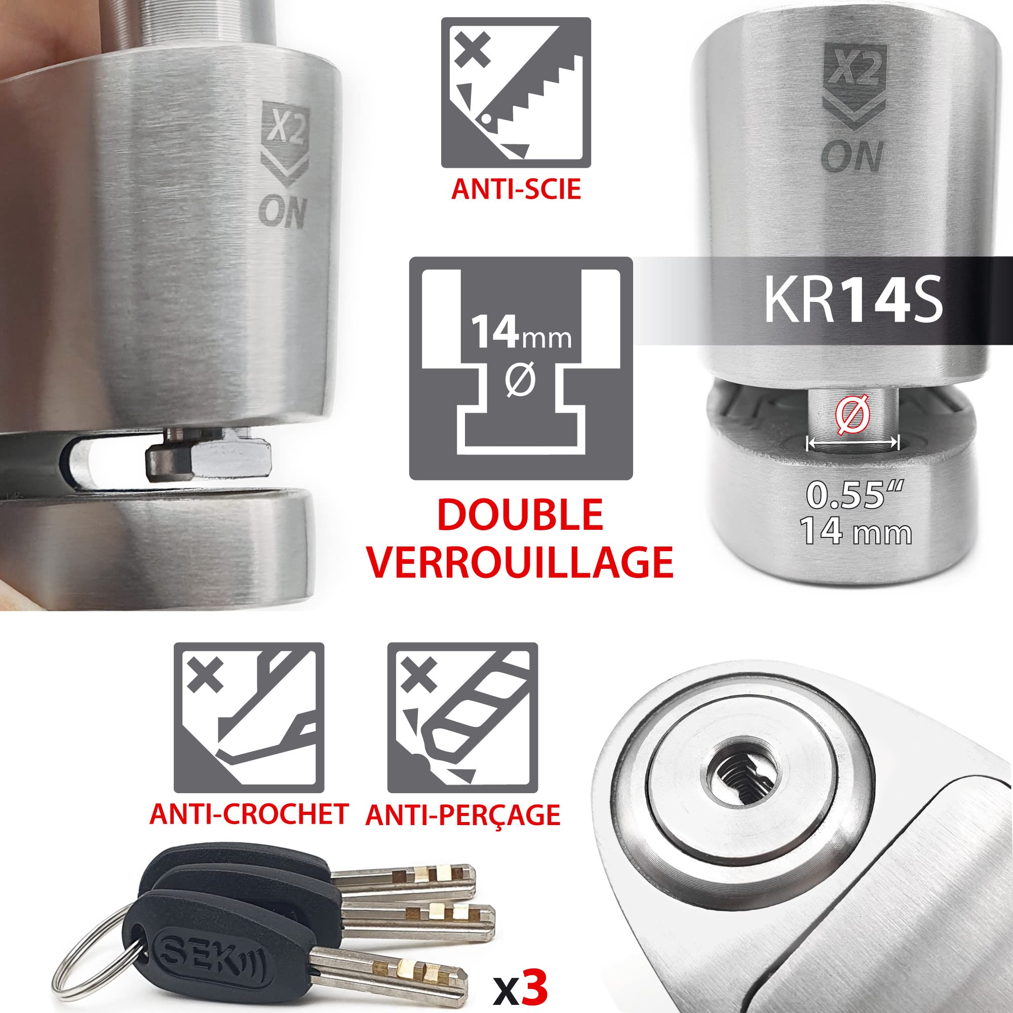 KRASER KR14S Antivol Moto Homologué SRA, Bloque Disque avec Alarme Optionnelle 120dB On/Off, Serrure Haute Sécurité Anti-Crochetage, Robust Bloc Acier inoxydable, Double Verrouillage Anti-Scie ø14mm