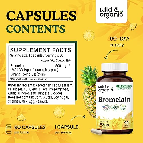 Vista 10 de Wild & Organic Cápsulas de bromelina - 60 unidades - Suplemento de apoyo digestivo e inmunológico