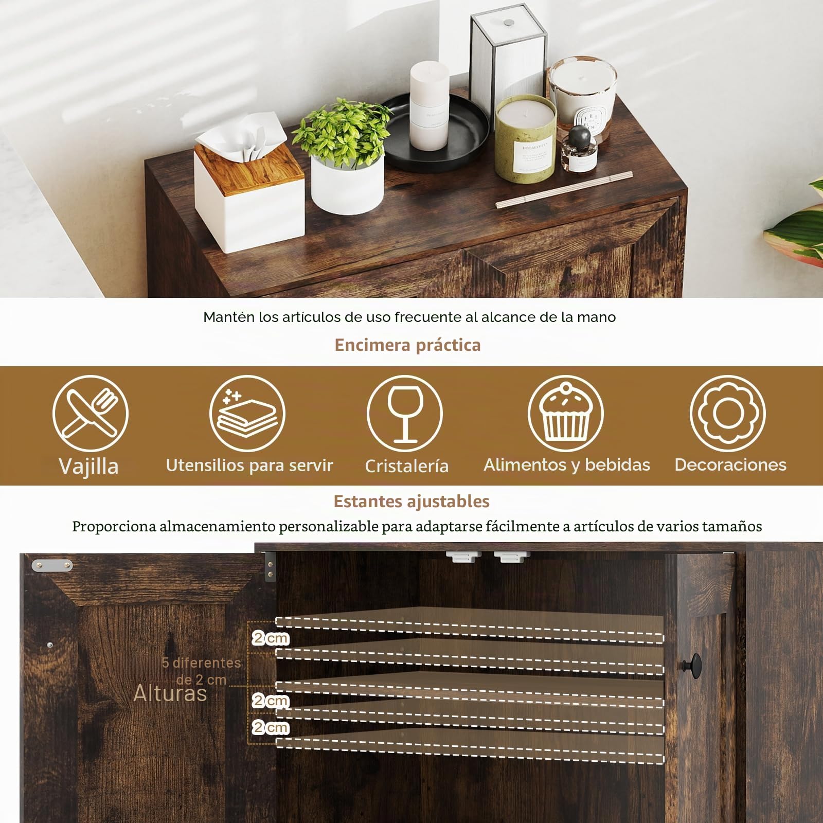 KOMFOTTEU Aparador Bajo con 2 Puertas, Mueble Buffet de 3 Niveles con 2 Estantes Ajustables, Armario de Almacenamiento con Kit Antivuelco, para Salón, Comedor, Entrada, 60 x 30 x 80 cm (Industrial)