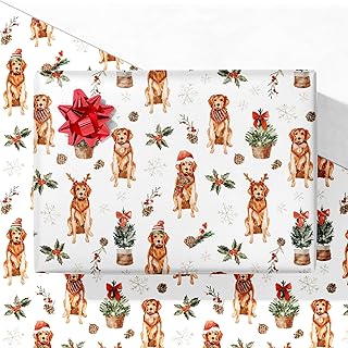 GIOLNIAY Dog Christmas Wrapping Paper - Holiday Gift Wrap with Golden Retriever, Trees & Snowflakes Design - 4 Jumbo Sheet...