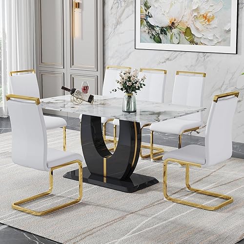 Miniatura 156 de JUFU Juego de Mesa de Comedor para 6, Mesa de Mármol Sintético y Juego de Sillas de 6, Juego de Mesa de Comedor Moderno para 6, Juego de Mesa de