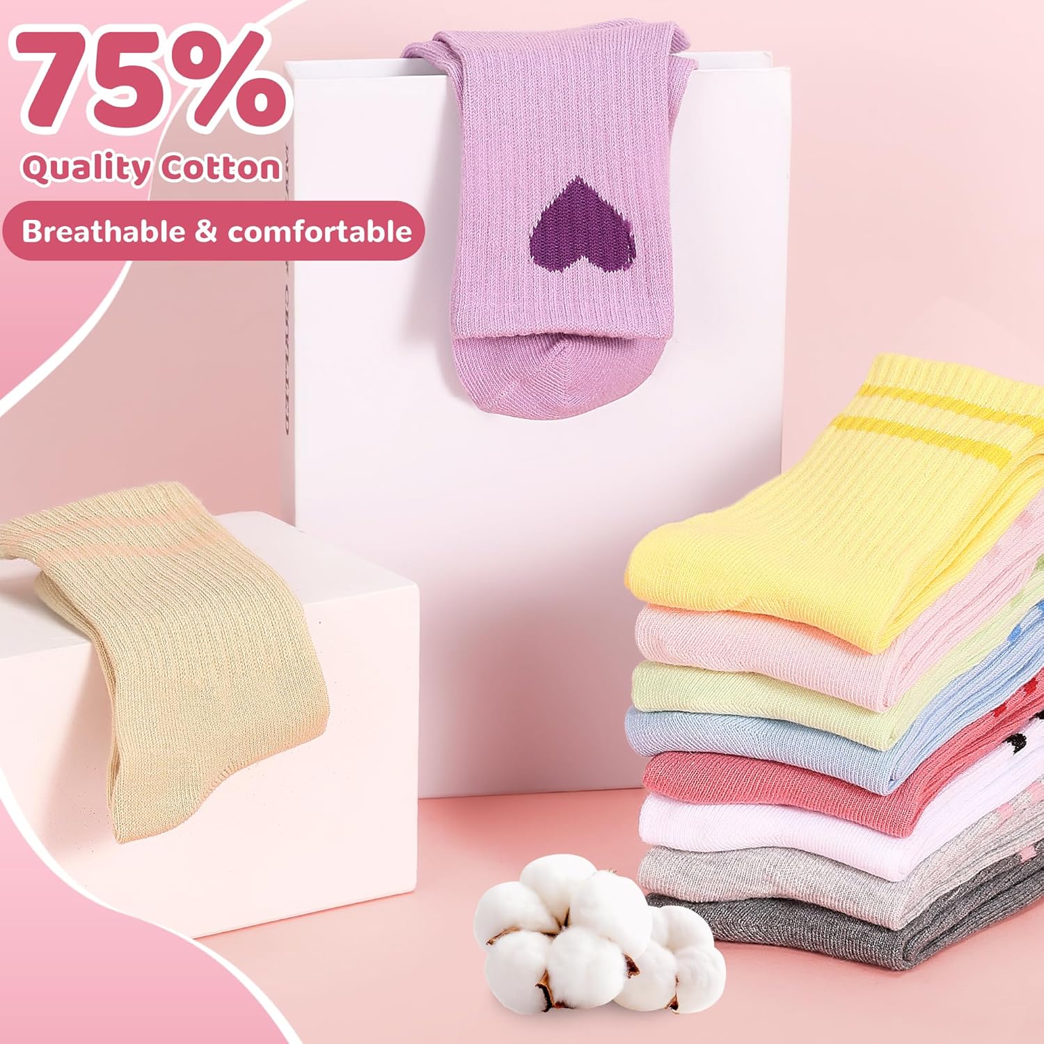 20 Pairs Kids Girls Crew Athletic Socks with Stripes Heart Cute Cotton Socks for Girls 3-12 Years