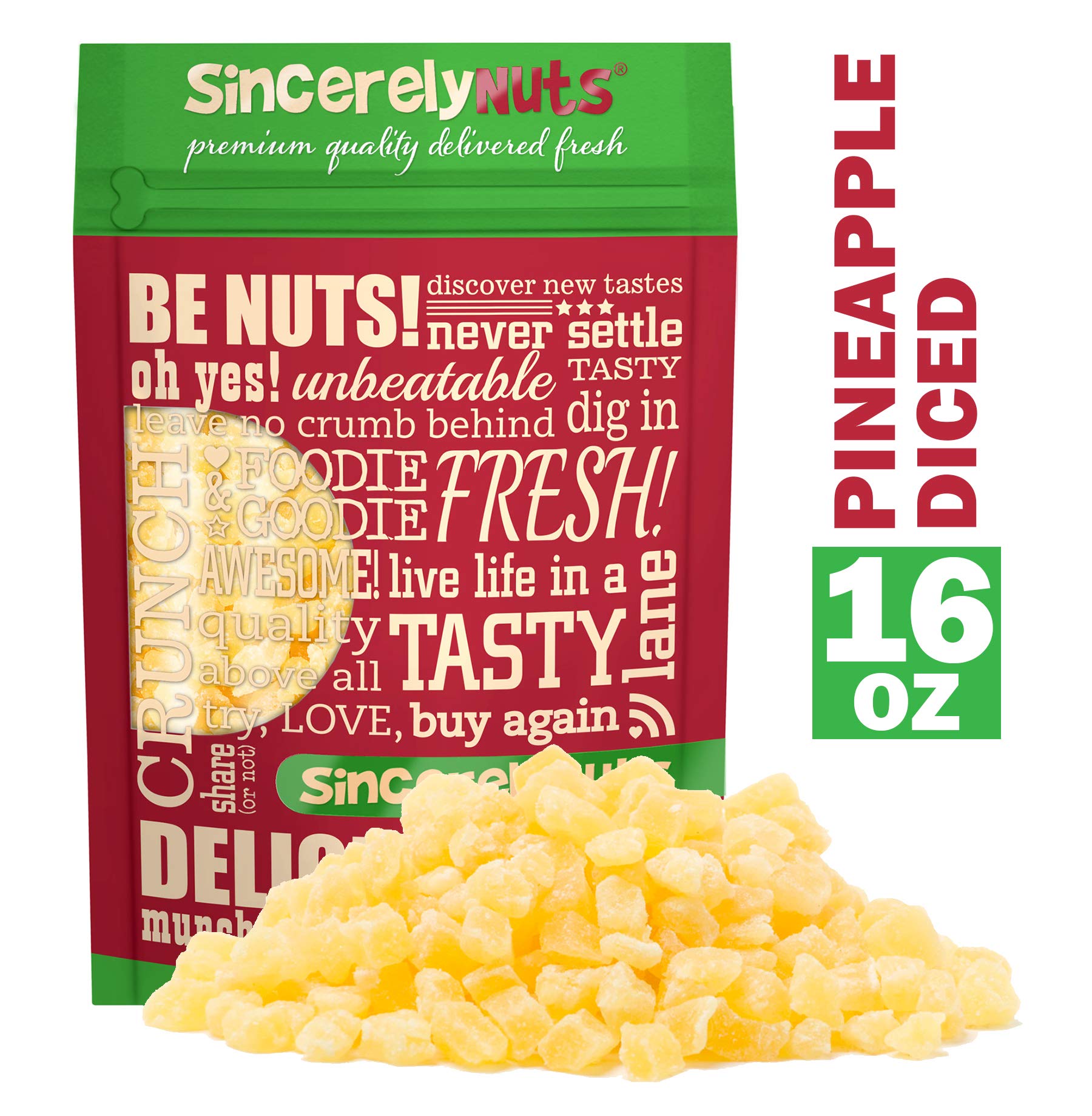 Sincerely Nuts Diced Pineapple (1 LB)-The Perfect Healthy Snack - Vegan, Gluten-Free and Kosher Superfood - Dried Fruit for Yogurts, Trail Mix, and