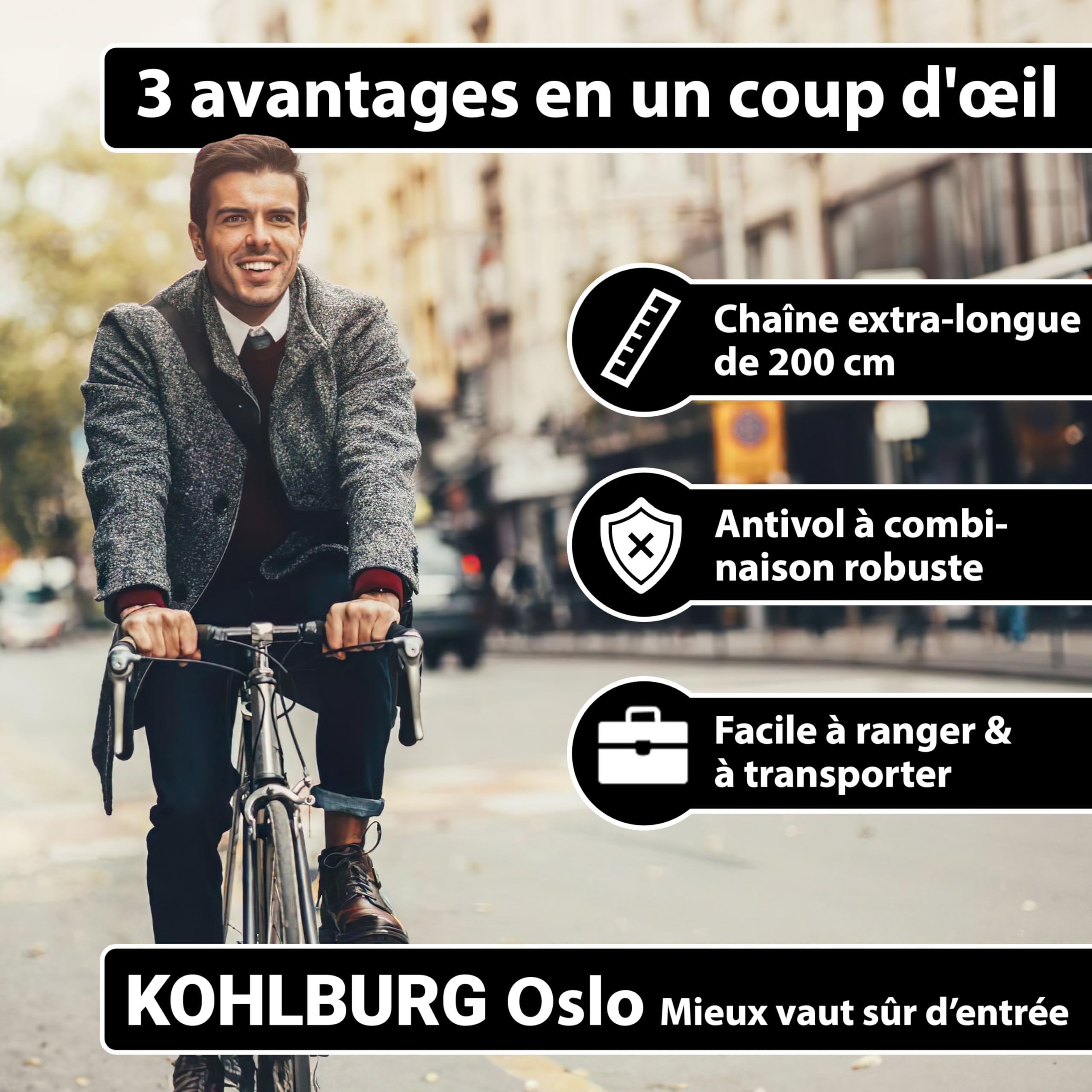 KOHLBURG Serrure à combinaison 200 cm extra‑longue – Antivol vélo à chaîne | Anti vol avec code & acier spécial 6 mm – Chaine antivol 2 m – Combinaison de chiffres pour vélo & trottinette électrique