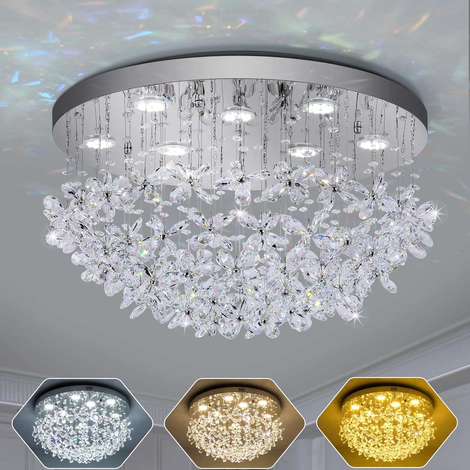 24" Crystal Ceiling Lights Flush Mount with Remote Control and APP, 3CCT Dimmable & Brightness Adjustable, Modern Crystal Raindrop Chandeliers for Bedroom Hallway Dinning Room Living Room