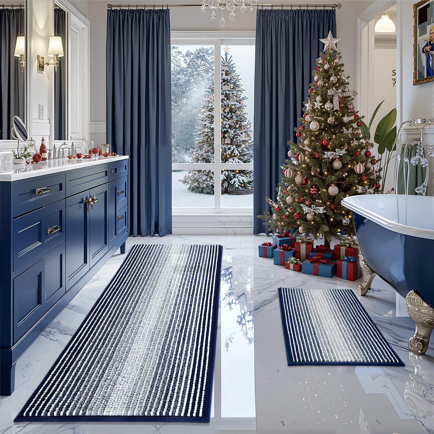 BSICPRO Bathroom Rugs and Mats Sets, 2 Piece Thick Absorbent Chenille Bath Mat Rug Set Non Slip, Soft Shaggy Bath Room Floor Mats for Bathroom, Machine Washable (Navy, 20" x 60" Plus 20" x 32")