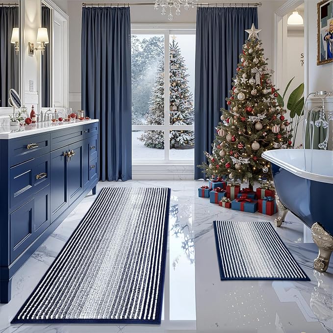 BSICPRO Bathroom Rugs and Mats Sets, 2 Piece Thick Absorbent Chenille Bath Mat Rug Set Non Slip, Soft Shaggy Bath Room Floor Mats for Bathroom, Machine Washable (Navy, 20" x 60" Plus 20" x 32")