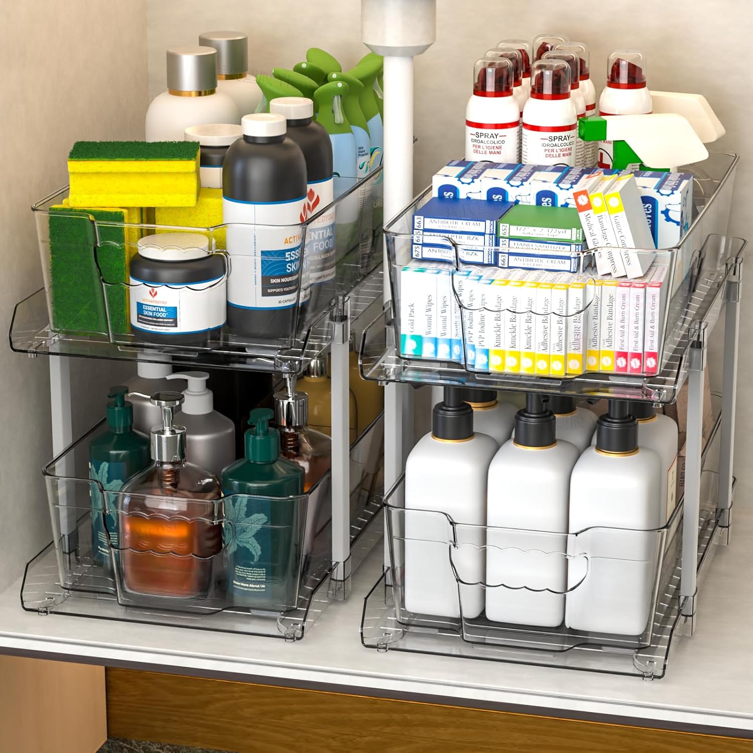 2Tier Sliding Under Sink Organizer with Clear Large Capacity PullOut