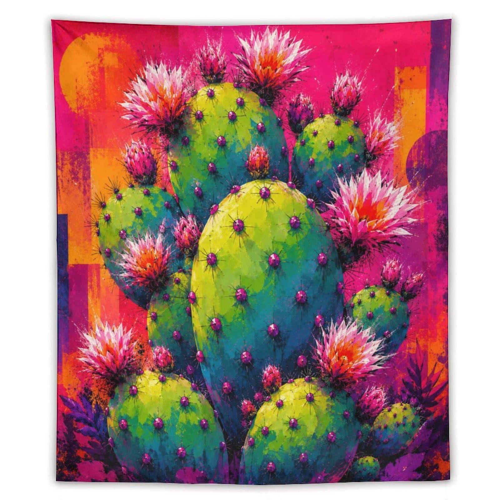 H3B8U2Y5 Pink Cactus Color Blocks Wall Tapestry, Bold Neon Garden