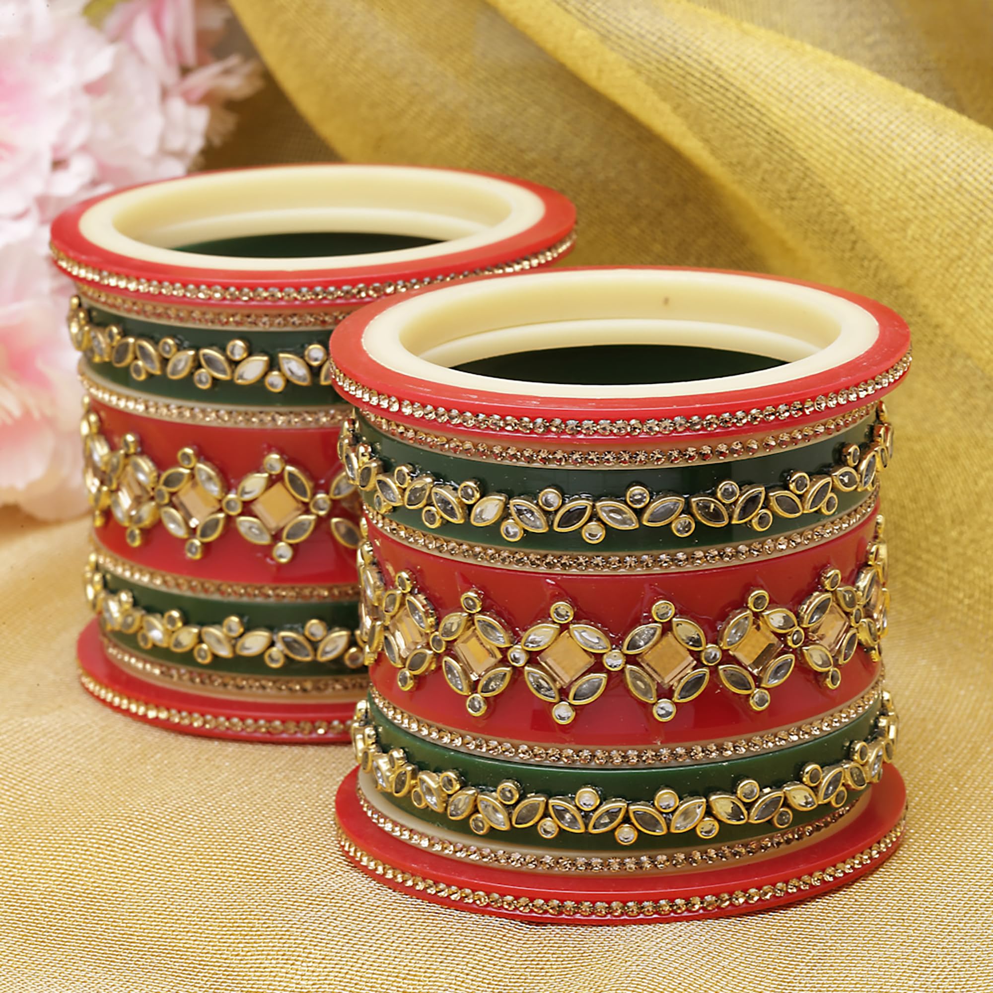 18 Gold-Plated Pearl & Zircon Gemstone Bangles Set