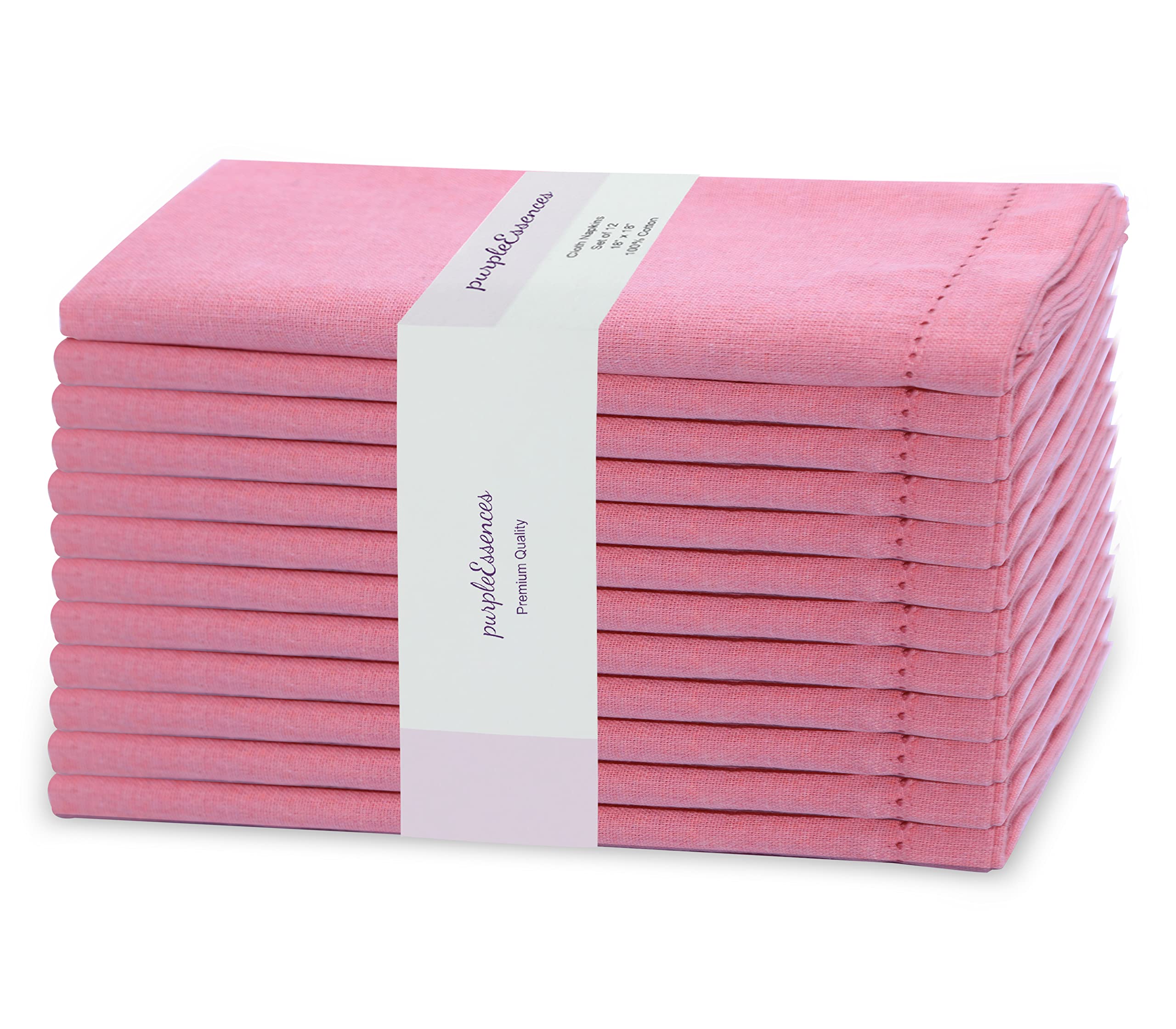 Set of 12 Hemstitch Cloth Dinner Napkins 100% Cotton - Soft Durable Washable -Ideal for Events Wedding Christmas Easter-Perfect Everyday Use Table Linen 18x18 Blush Pink