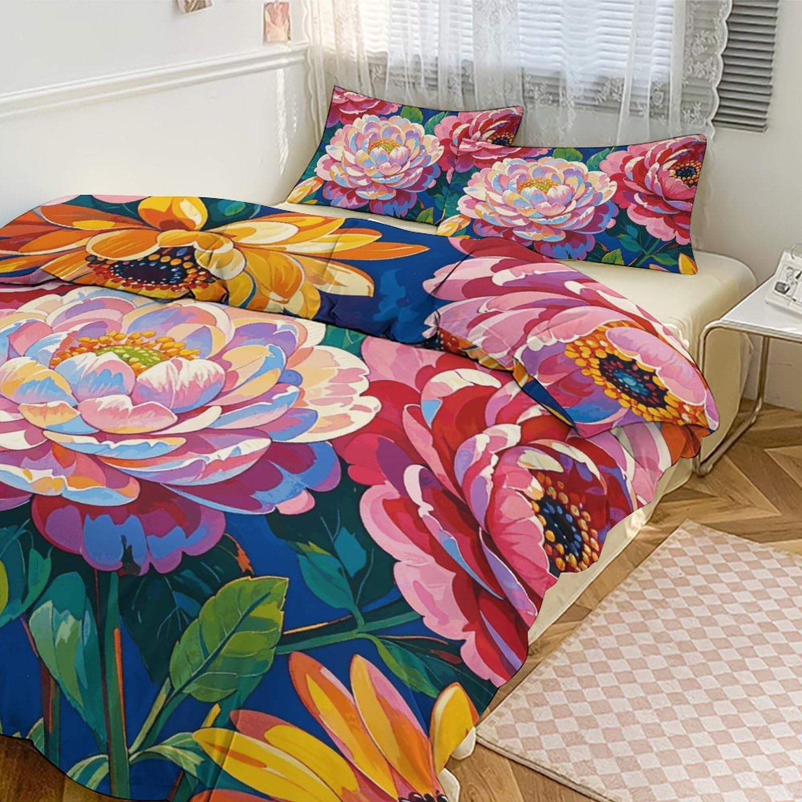Parure de lit 3 pièces grand lit à motif fleurs avec couette épaisse et taies d'oreiller